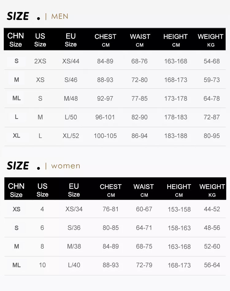 PSI SeaFlex Wetsuit size charts