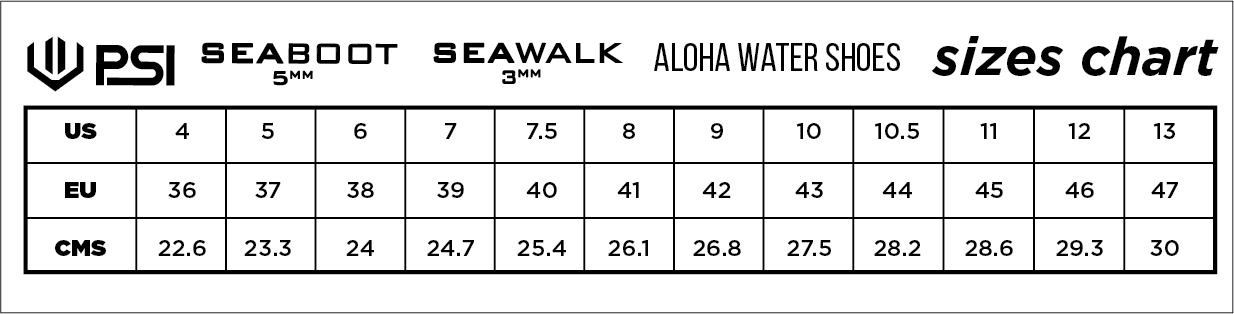 PSI boot sizes chart