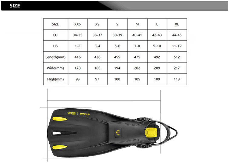 PSI Racer Open Heel Fins chart size
